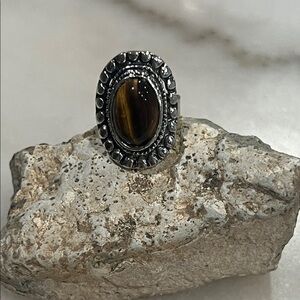 Silver and Brown Tiger Stone Oval Stone Ring